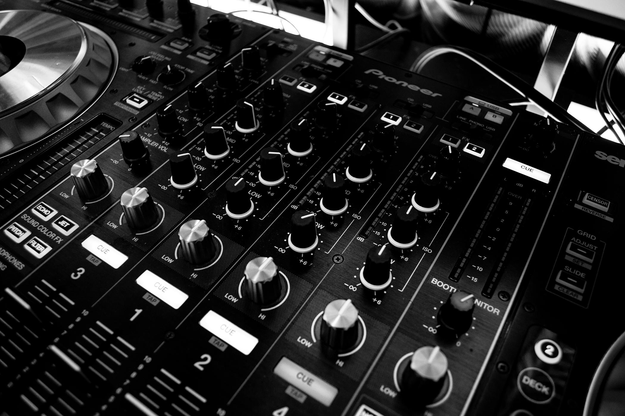 Close up photo of DJ mixing board used for weddings, private events, corporate events, nightclubs
